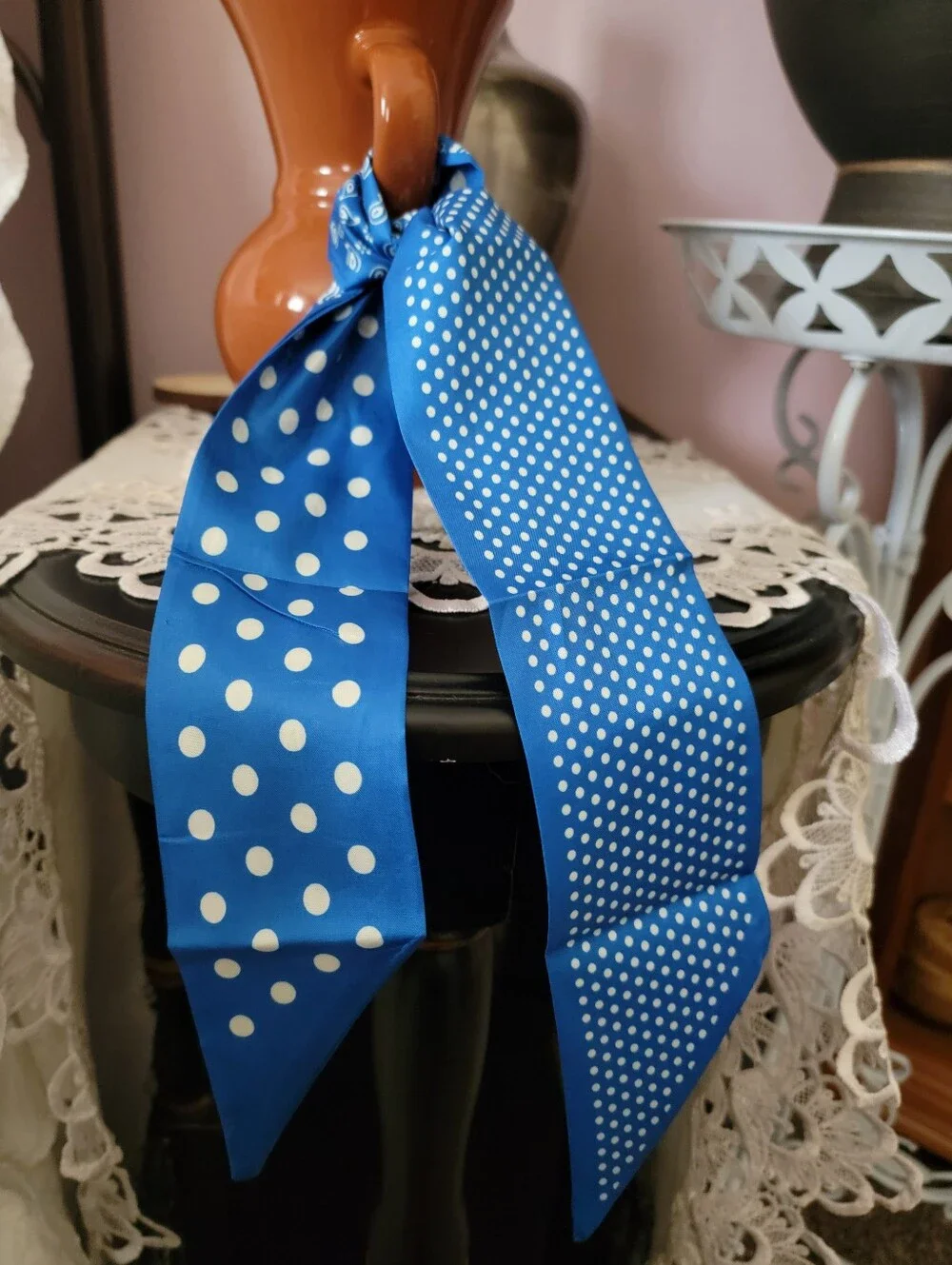 Blue Paisley & Polka Dot Hair Scarf Bow Twilly